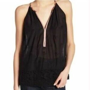 Joie Eniko Black Pintuck Crochet V Neck Tank Size Large